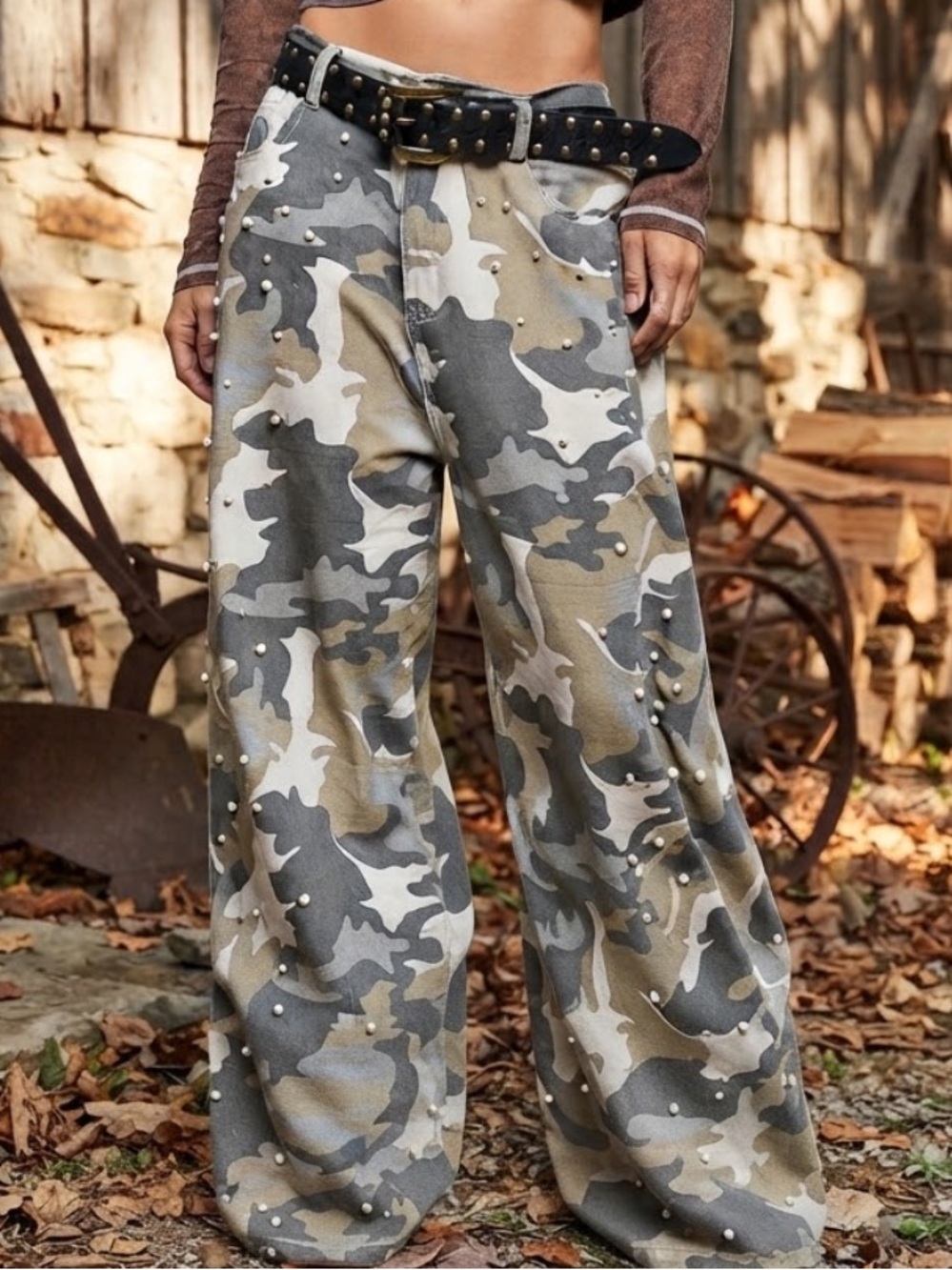 💕NEW! POL Camo Wide-Leg Twill Pearl Embellished wide leg Pants
